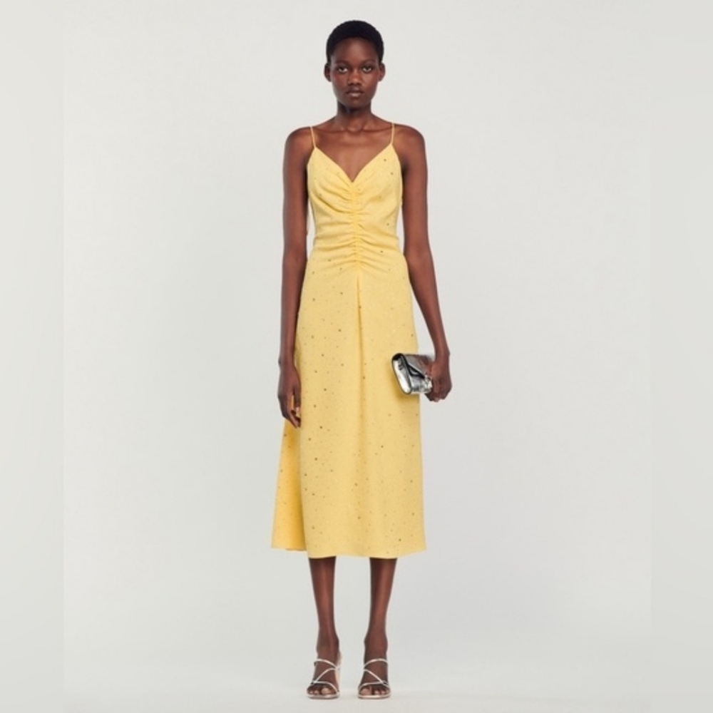 NWT | Sandro Praline Strass V Neck Low Back Yellow Rhinestone Dress EU38 US6